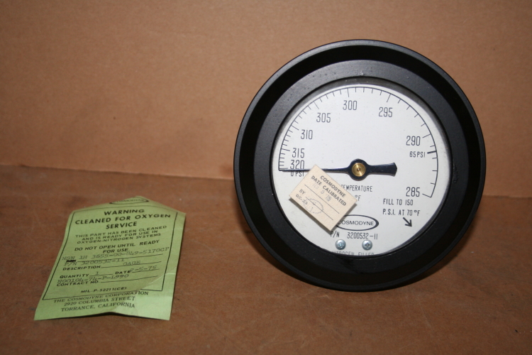 Cryogenic temp/pressure gauge -320 to -285 deg F O2/NO2 Cosmodyne Unused 3200532-11