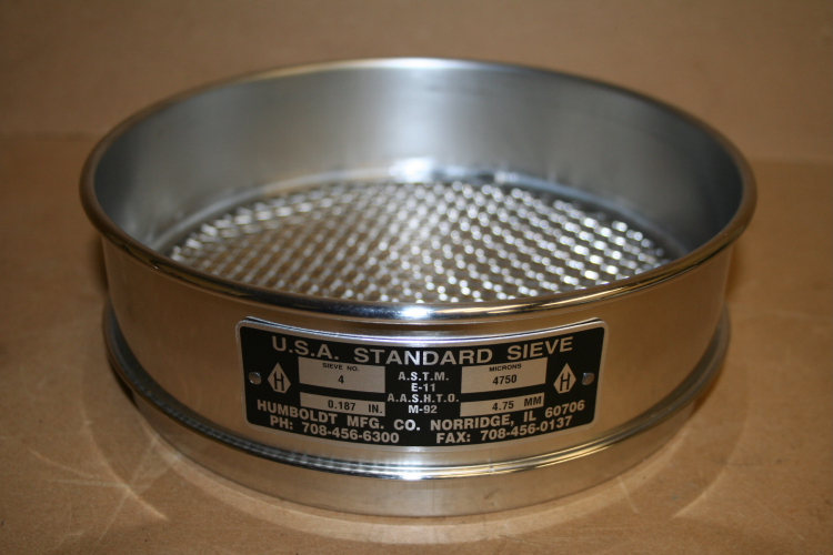 Sieve 8 in dia USA Standard No 4 4750 micron Humbolt Mfg Unused