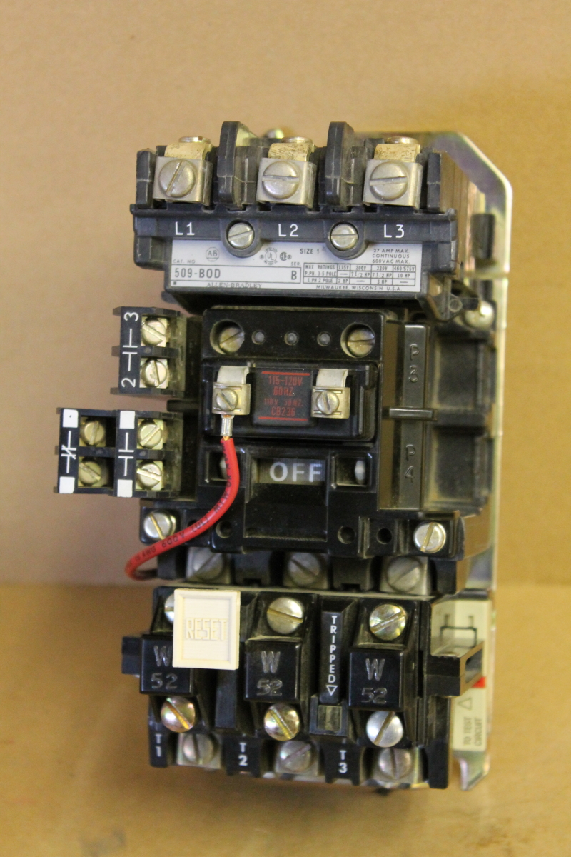 Motor starter, Size 1, 3 pole, 27A, 115V coil, 509-B0D Allen Bradley